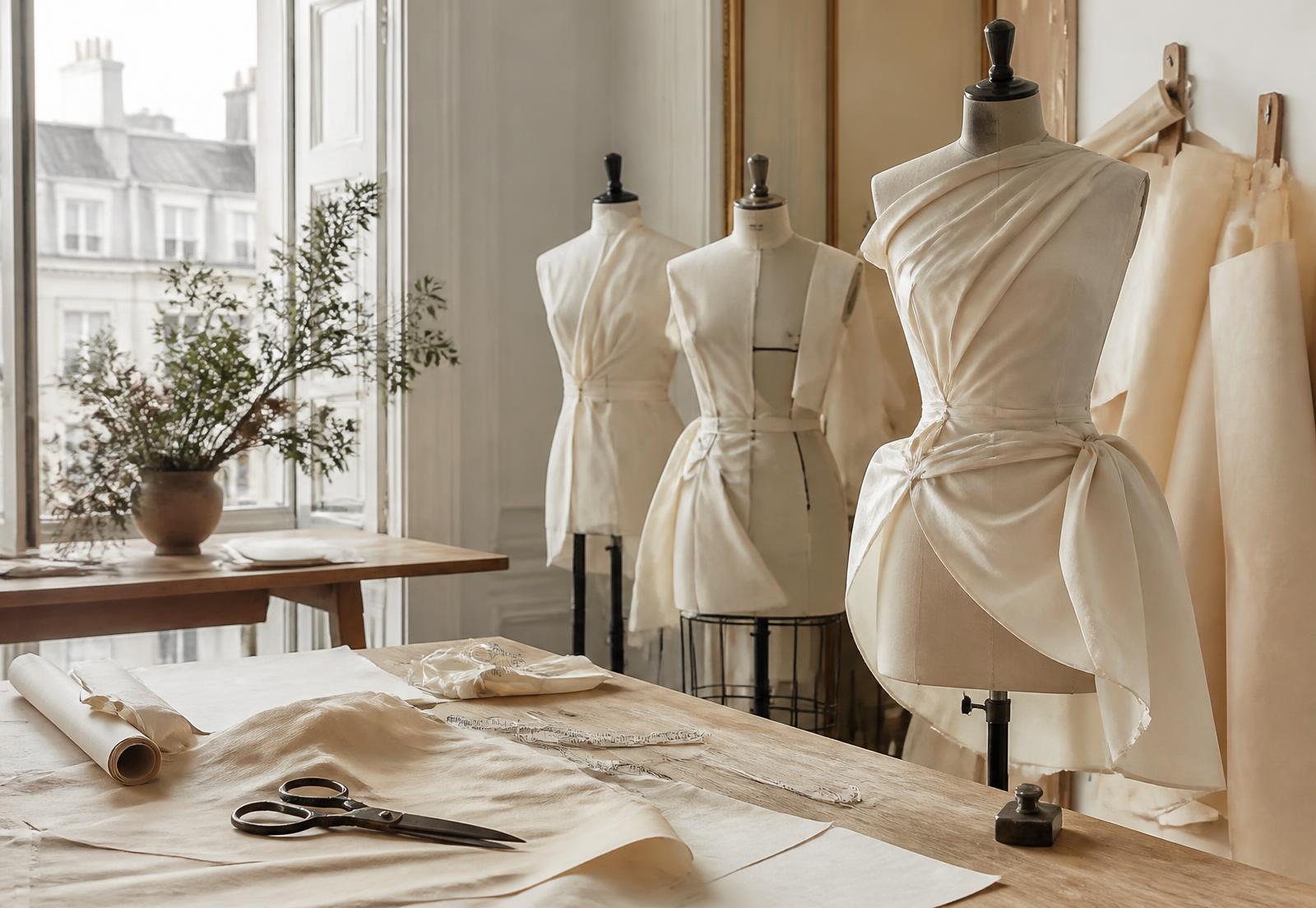 Fashion atelier studio with draped dress forms and pattern paper on a cutting table